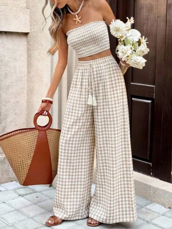 MODA ME COUTURE Tops - Apricot Boho Women's Vacation Plaid Bandeau Top and Pants Set